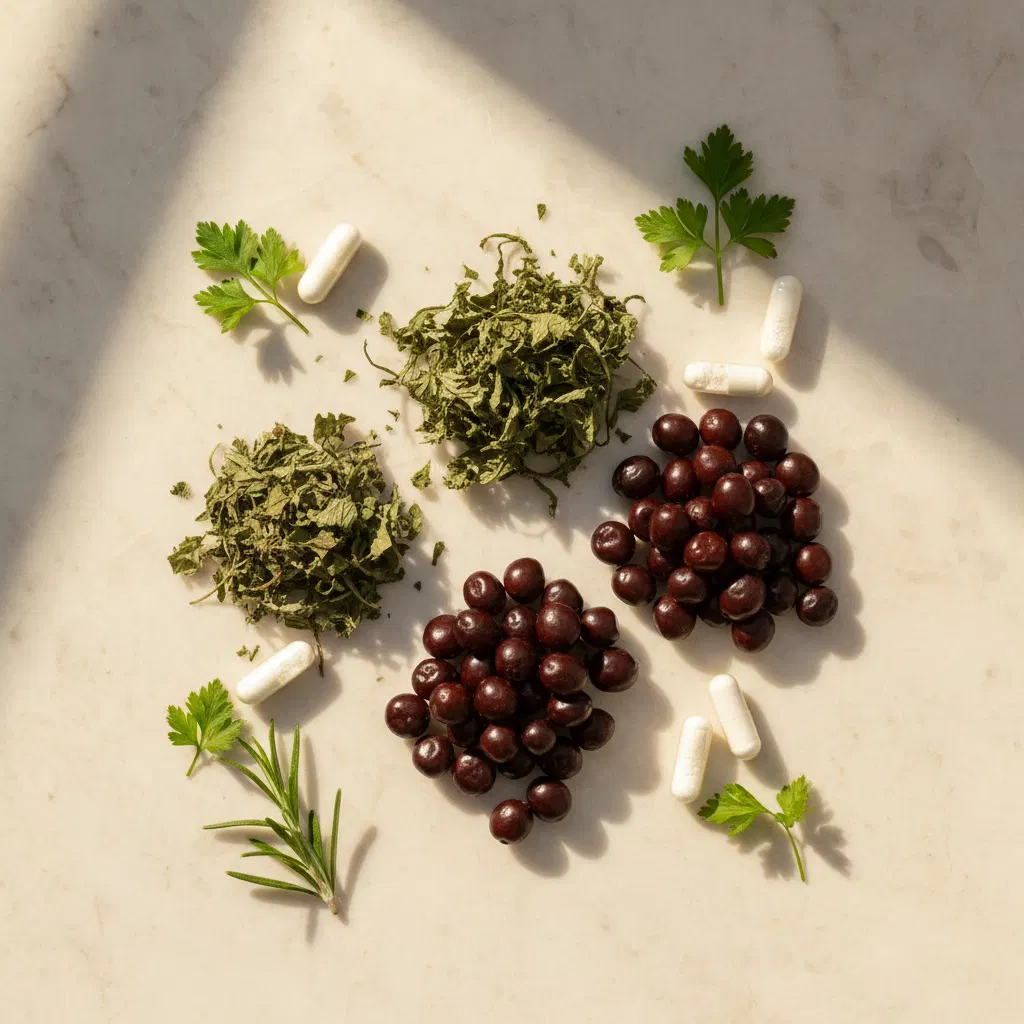 Gedroogde netelbladeren en sabalpalmvruchten - plantaardige ingrediënten van Alpha Drive