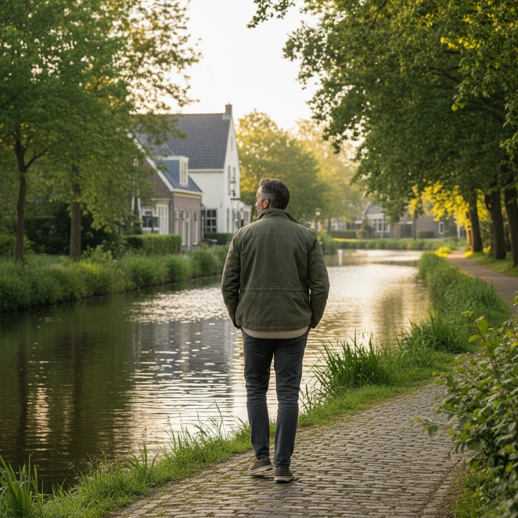 Man wandelt langs een rustig Hollands kanaalpad in de ochtend