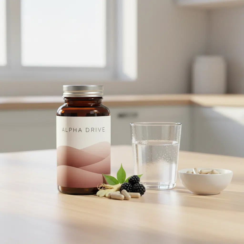 Alpha Drive fles op houten ondergrond naast glas water en verse netelbladeren